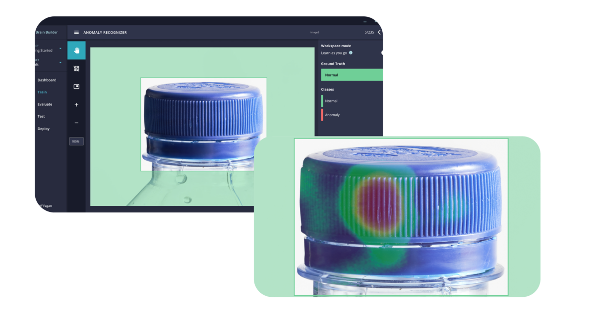 Brain Buider UI showing an anomaly detection on a bottle plastic cap